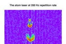 The new atom laser emits pulses of coherent atoms, or atoms that "march in lockstep." Each pulse (shown here) contains 100,000 to several million coherent atoms andis accelerated downward by gravity. The curved shape of the pulses was caused by gravity and forces between the atoms. (Field of view 2.5 mm X 5.0 mm.)