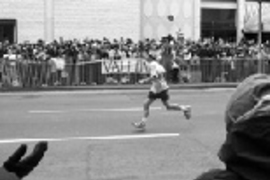 Sophomore Dan Feldman placed 62nd out of nearly 18,000 runners in the Boston Marathon. Mr. Feldman said that when this photo was taken near Lord &amp; Taylor on Boylston Street, "all I could think about was, 'get me to the finish line.'"