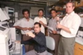 Refining testing of the widely used drug heparin are researchers (standing left to right) Associate Professor Ram Sasisekharan, Division of Bioengineering and Environmental Health (BEH); BEH graduate student Rahul Raman; Ganesh Venkataraman, a research associate in the Harvard-MIT Division of Health Sciences and Technology; and BEH graduate student Zachary Shriver. BEH postdoctoral fellow Mallikar...