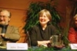 Left to right: MIT professors John Dower and Pauline Maier, and Dame Gillian Beer, a professor at the University of Cambridge, discussed "How do history and memory shape each other?" at one of the School of Humanities, Arts, and Social Sciences colloquia last week.