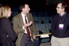 At CSBi's first annual conference, participants from a variety of fields talked about MIT's approach to systems biology, the latest way to understand and predict the behavior of complex organisms. From left, Angela Belcher, associate professor of materials science and engineering; Bruce Tidor, associate professor of electrical engineering and computer science; and Peter Sorger, associate professor...