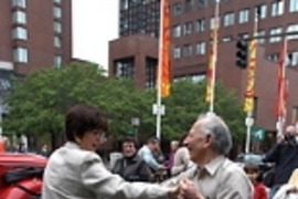 Susan Lester, associate secretary of the Corporation, and Professor Shaoul (Ziggy) Ezekiel dance to the strains of Jay Keyser's New Liberty Jazz Band at the site of the F &amp; T.