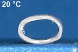 A series shows the triple shape effect of a tube prepared from a polymer network, CL(50)EG. Starting at 20 degrees Celsius, shape (a) has an upright diameter of 4.5 mm; when heated to 40 C, it switches to a second programmed shape (b) with a diameter of 6.9 mm, and then to its permanent shape (c) with a diameter of 5.8 mm, when heated to 60 C.In both series the material CL(50)EG used to produc...