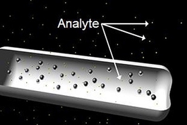 In this image, nanoparticles tailored to detect a particular molecule, or analyte, are suspended within a device that allows them to be delivered into a patient's body <a onclick="MM_openBrWindow('cancer-chip-a-enlarged.html','','width=509, height=583')">
<span onmouseover="this.className='cursorChange';">Open image gallery</span>
</a>
<noscript> <a href="cancer-chip-a-enlarged.html">
<em>(no ...