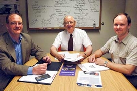 Profesor Henry D.  Jacoby, Co-Director, Joint Program on the Science and Policy of Global Change, center, leads a team that has analyzed the potential impact of several bills before Congress dealing with how to cut emissions of greenhouse gases. At left is John Reilly of the Laboratory for Energy and the Environment who is associate director for the joint program, and at right Sergey Paltsev, of t...