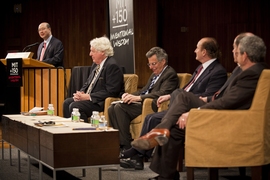 The 'The Evolution of Financial Technology' panel, included Andrew W. Lo, Harris and Harris Group Professor, MIT Sloan School of Management; John C. Cox, Nomura Professor of Finance, MIT Sloan; Robert C. Merton PhD ’70, School of Management Distinguished Professor of Finance,
MIT Sloan; Stewart C. Myers, Robert C. Merton (1970) Professor of Financial Economics,
MIT Sloan; Stephen A. Ross, Fran...