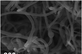 As the battery is used, particles of lithium peroxide form as small dots on the sides of carbon nanofibers (top), and eventually assume larger toroidal(donut) shapes as the battery continues to discharge (bottom), as seen in these scanning electron microscope images.