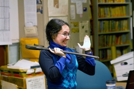 Standing in for the Society &#39;skinner&#39; (president), pseudo-Skinner Lee Fuchs calls to order a Society meeting using the large iron wrench that serves as the group&#39;s gavel. While they rarely impact actual policy, the quirky meetings serve as energetic gatherings for some of the most dedicated members.