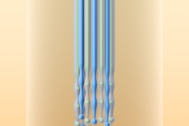 Illustration shows a molten fiber, a fiber dissolving into small particles