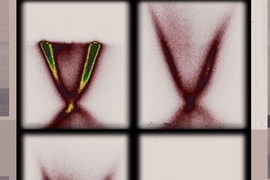 Three-dimensional graphical representations of the way electrons respond to an input of energy, delivered by a pulse of laser light. The horizontal axis represents the electrons' momentum, and the vertical axis shows their energy. The time sequence runs from top left to bottom right, and the laser pulse arrives just before the second image, causing a sudden burst of higher energy levels.