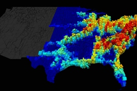 MIT researchers have linked the game theory concept of &#34;price of anarchy&#34; to the spread of contagion. The price of anarchy measures the difference in the spread of a disease between selfish (uncoordinated) and policy-driven (coordinated) human mobility. In this graphic, warm colors indicate geographical areas (such as the I-95 commuting corridor) with a high price of anarchy.