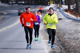 Runner Mike Gerhardt ‘12 (right), a member of MIT Strong, trains for the Boston Marathon at a 30K race with his father, Massachusetts State Trooper Wayne Gerhardt. Mike Gerhardt was waiting at the finish line for his father to finish last year’s race when the bombings occurred. Both were unharmed — and plan to cross the finish line together this year.