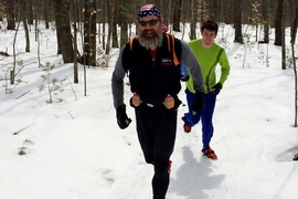 MIT Strong members Alex Slocum (left) and Ryan Borker undertook a three-hour, cross-country training run in the woods of New Hampshire in March. Slocum, the Neil and Jane Pappalardo Professor of Mechanical Engineering, regularly competes in Ironman Triathlons and other endurance events. Borker completed last year’s marathon in less than three hours and was standing across the street from the sec...