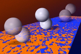 This diagram represents the way microwalkers — created by an MIT team and made up of a pair of paramagnetic beads — can tumble across a surface under the influence of a rotating magnetic field. They tumble until they find areas where friction is greatest — due to higher concentrations of biological receptors — without any advance knowledge of where those areas may be. (Blue represents low-...