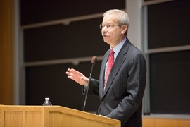 Alumnus and prominent conservationist Larry Linden spoke at MIT on Wednesday as the opening event of the MIT Climate Change Conversation.