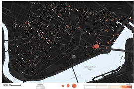 Mapping the entrepreneurial quality in the MIT ecosystem by addresses for ZIP codes 02139, 20141, and 02142. Each address with at least one startup is represented by a circle whose radius is proportional to the number of business registrants; the color is determined by the average level of entrepreneurial quality in that address. 