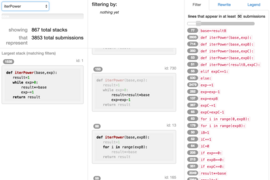 A screenshot of the OverCode user interface. The top left panel shows the number of clusters, called stacks, and the total number of solutions visualized. The next panel down in the first column shows the largest stack; the second column shows the remaining stacks. The third column shows the lines of code occurring in the cleaned solutions of the stacks together with their frequencies.