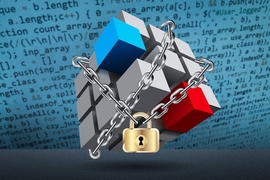 blocks held together with chains and a padlock; lines of code in the background