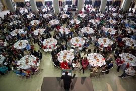 The keynote speaker, Freeman A. Hrabowski, III, president of University of Maryland, Baltimore County, speaks to the large audience. “I challenge MIT,” he said. “Be the best, not just for STEM but for humankind.” 