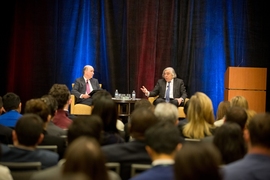 Shown here is guest speaker Ernest Moniz (right), with Robert Armstrong, director of the MIT Energy Initiative.
