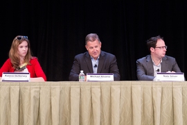 Pictured from left to right are MIT alumna Kassia DeVorsey, chief analytics officer at the Messina Group and founder of Minerva Insights; Michael Alvarez, a professor at Caltech and co-director of the Caltech/MIT Voting Technology Project; and Nate Silver, founder and editor-in-chief of the website FiveThirtyEight, during a discussion on the future of voting.