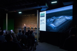 Leslie Dewan, co-founder and CEO of Transatomic Power, pictured here, and other panelists discussed how the initiative could benefit their work and the region, and offered advice on fine-tuning The Engine.