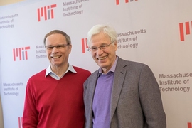 Jean Tirole, a former MIT faculty member and long-time visiting MIT faculty member, and the 2014 Nobel laureate in economics, attended the press conference. Tirole co-authored a book with Holmström titled, “Inside and Outside Liquidity.” 
