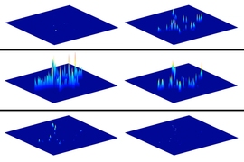 MIT chemical engineers have developed an extremely sensitive detector that can track single cells’ secretion of dopamine. These video stills show a single cell releasing dopamine.
