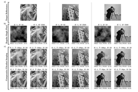 Researchers from the MIT Media Lab developed a new technique that makes image acquisition using compressed sensing 50 times as efficient. In the case of the single-pixel camera, it could get the number of exposures down from thousands to dozens. Examples of this compressive ultrafast imaging technique are show on the bottom rows. 
