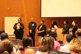 Left to right: Robbin Chapman SM ’09, PhD ’06 presents alongside her group including Trishan Panch, a lecturer in the Health, Sciences, and Technology program; Kishonna Gray, a visiting professor in the Women’s and Gender Studies program; Maia Majumder SM ’15, and MIT graduate student.  