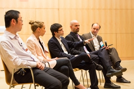 A discussion featured some of the speakers from the day-long SENSE.nano conference: (left to right) Juejun Hu, associate professor of materials science and engineering; Polina Anikeeva, associate professor of materials science and engineering; Max Shulaker, assistant professor of electrical engineering and computer science; Brian Anthony, principal research scientist in mechanical engineering and ...