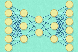 A new machine-learning system for analyzing materials “recipes” uses a variational autoencoder, which squeezes data (left-hand circles) down into a more compact form (center circles) before attempting to re-expand it into its original form (right-hand circles). If the autoencoder is successfully trained, the compact representation will capture the data’s most salient characteristics.