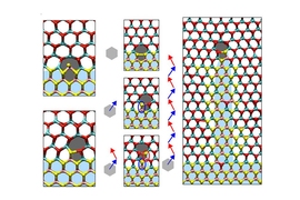 A slight mismatch between the hexagonal structures of molybdenum disulfide and tungsten diselenide creates a strain that can be released by the formation of a "5|7 dislocation," in which two hexagons collapse to form a pentagon and a heptagon. Reactions with molybdenum disulfide in the environment cause the dislocation to move deeper into the tungsten diselenide, drawing a nanowire of molybdenum d...