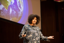 AeroAstro graduate student Cadence Payne presented research on the use of coordinated CubeSats to monitor water vapor to assess climate change, in one of a number of student lightning talks.