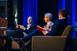 A panel discussion on “Utilities of the Future” featured Peter Fox-Penner, left, director of Boston University’s Institute for Sustainable Energy and chief strategy officer of Energy Impact Partners, and Ralph Izzo, center, CEO of Public Service Enterprise Group. Panel moderator Francis O'Sullivan, SVP of Strategy at Lincoln Clean Energy, is at right.