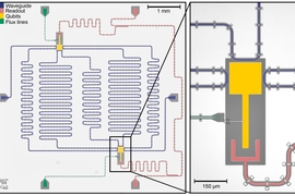 An optical micrograph image of a chip with two superconducting qubits (yellow) acting as giant artificial atoms. Each giant atom connects to the waveguide (blue) at three distinct and well-separated locations. 