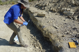 Ainara Sistiaga taking samples at Olduvai Gorge