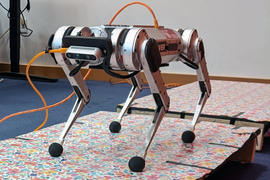 The mini cheetah robot stands on wooden platform