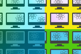 A grid of computer screens each have atom icons inside, each containing 1 or 2 icons. Color overlays divide the image into 4 colorful quadrants.