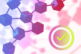 A neural network is represented by boxes connected by lines, floating in white space with red and blue light. A large green checkmark icon is on the right.