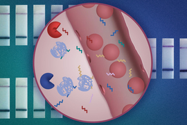 A circular inset shows small materials in body and blood stream in different shapes, including colorful zigzag lines for DNA barcode, and blues squiggles for nanoparticles.  In the background are examples of test strips, some with dark and some with light lines on the strip.