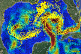 A map of the Gulf of Mexico shows the dynamic ocean currents, with red areas representing the most movement. Yellow tails show the movements of buoys represented as red dots.