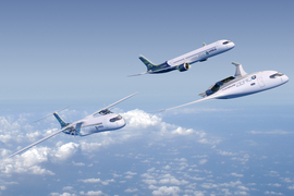 Rendering shows 3 airplanes in flight. 2 look like modern airplanes while one, on right, is shorter and sleeker. They say “Airbus ZeroE.”