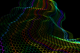 Decorative image shows a bending rainbow lattice on black background.