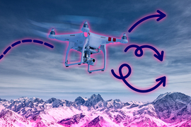 A drone flies over snowy mountains, and glows pink. The drone’s previous path is marked with a dotted line. There are 3 possible trajectories for the drone to take going forward, represented by lines.