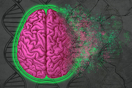 A pink brain outlined in neon green disintegrates upon gray background with DNA helixes.