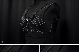 5 views of a sports bra are labeled “A, B1, B2, C1, C2.” The sports bra is mainly made of black fabric, but has white fabric at areas it could contract, like on the sides and under the chest.