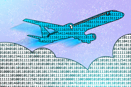 An airplane is composed of a pattern of numbers, but no zeroes. It flies over a cloud made of numbers, including many zeroes.