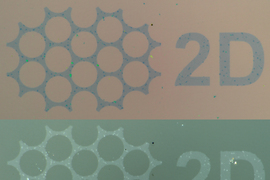 Two images on top and bottom show a similar grid of circular holes, and next to them it says, “2D.” The images are very similar but the top is more brown and bottom is green.