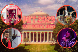 Stylized text says “MIT 2023 Community News.” The Great Dome at MIT is background with circular photos depicting top community stories, including Sally Kornbluth in Barbie-themed booth, Moungi Bawendi at podium, Mark Rober at Commencement with flying mortarboard, and Djuena Tikuna sings on lit stage.